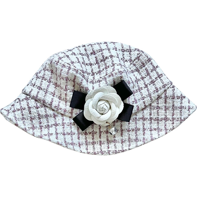 Tweed Hat with Peony Pin, Pink and White