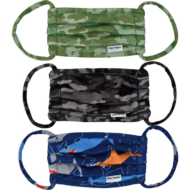 Kids Face Mack 3 pack, Green Camo, Shark Doodles & Modern Grey Camo - Other Accessories - 1