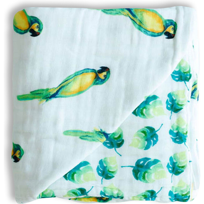 Organic Muslin Four-Layer Reversible Snug Blanket, Parrot