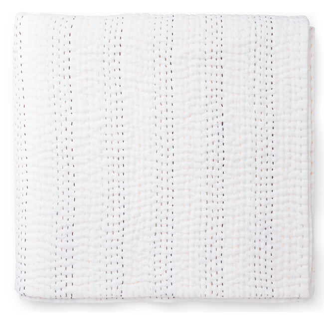 Linen Kantha Quilt Blanket, Rainbow Stitch