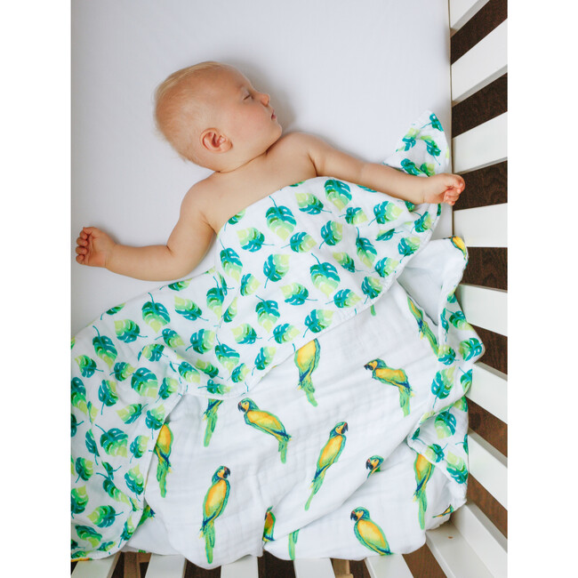 Organic Muslin Four-Layer Reversible Snug Blanket, Parrot