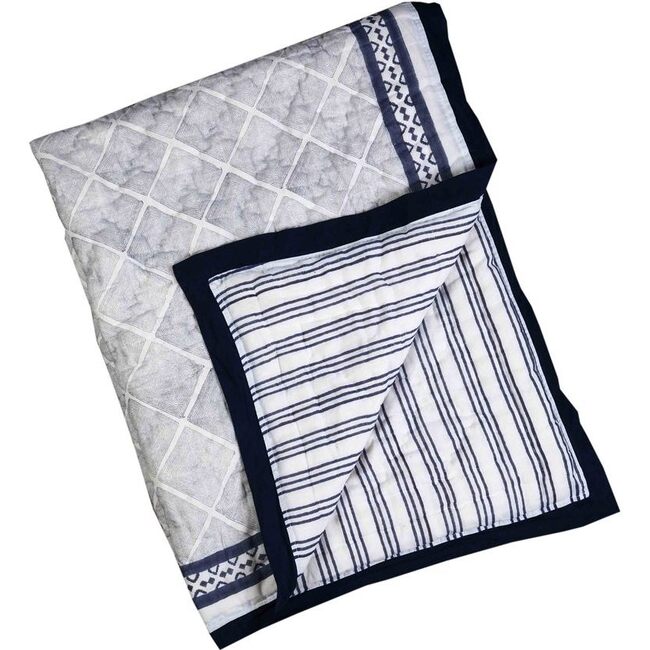 Block-Printed Cotton Quilt, Cairo Blue - Quilts - 1