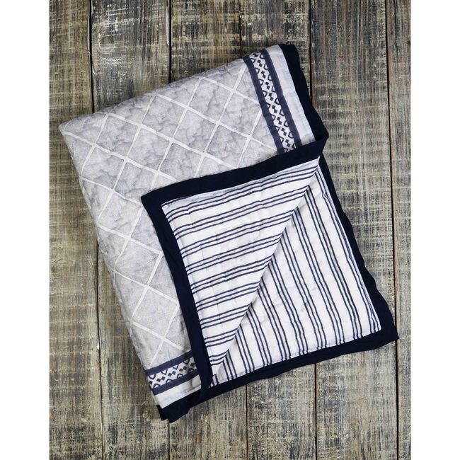 Block-Printed Cotton Crib Quilt, Cairo Blue - Quilts - 3