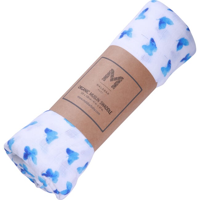 Organic Cotton Muslin Swaddle, Blue Butterfly - Swaddles - 6