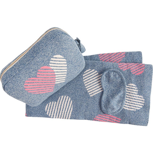 Stripe Hearts Blanket Travel Set, Marine/Vanilla - Blankets - 3