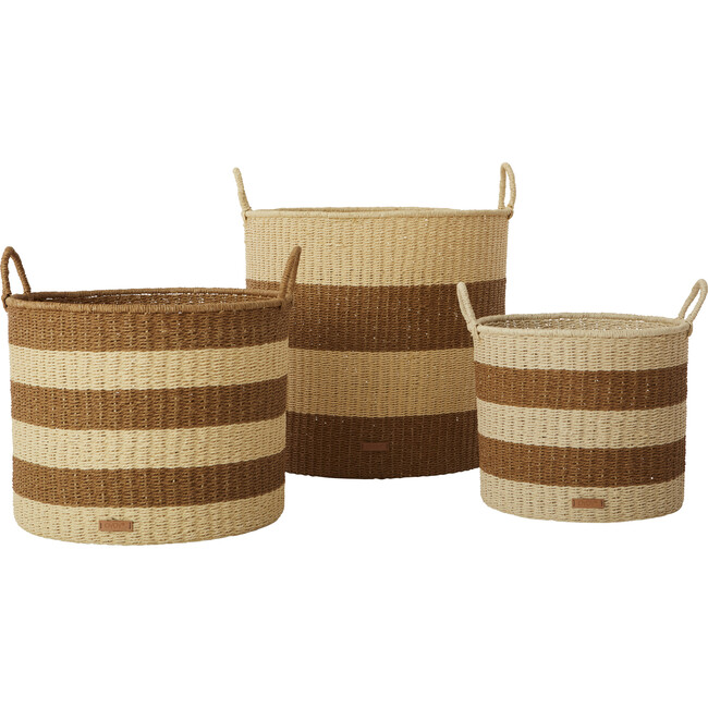 Set of 3 Gomi Cylinder Storage Baskets, Caramel Stripe