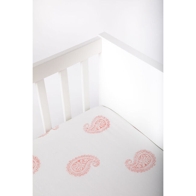 Block-Printed Cotton Fitted Crib Sheet, Pink City