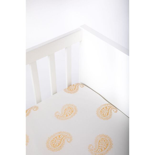 Block-Printed Cotton Fitted Crib Sheet, Mustard Paisley