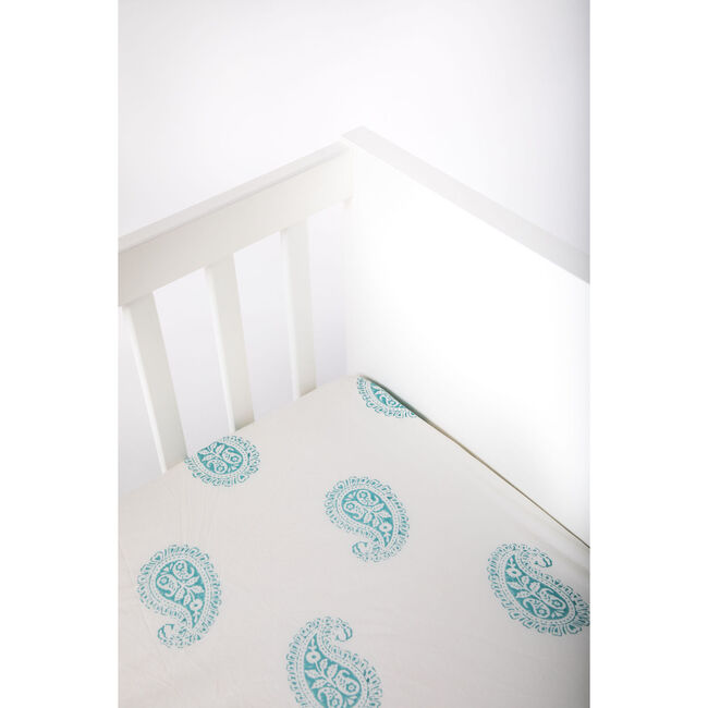 Block-Printed Cotton Fitted Crib Sheet, Teal Paisley