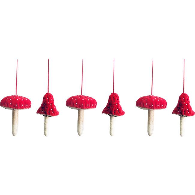 Set of 6 Red Velvet Mushroom Ornaments, Red