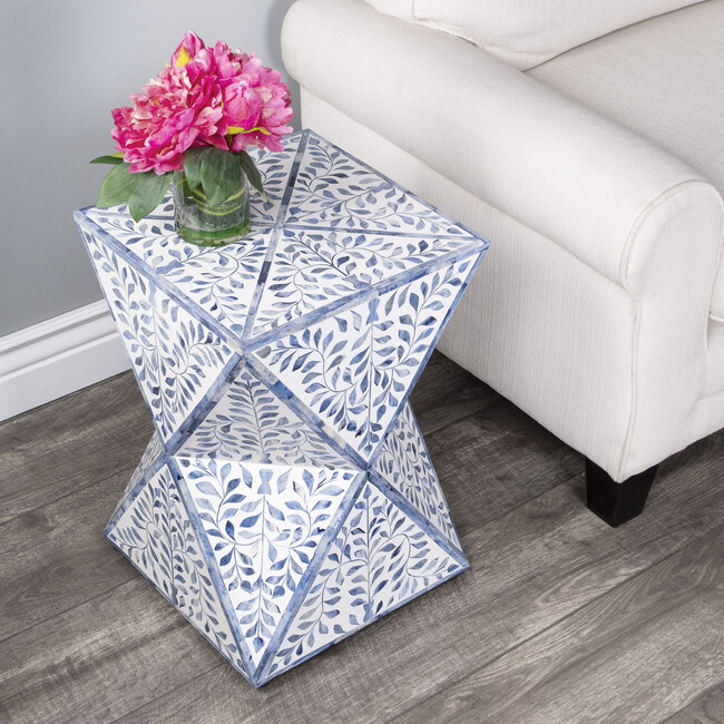 Anais Bone Inlay End Table, White/Blue - Accent Tables - 2