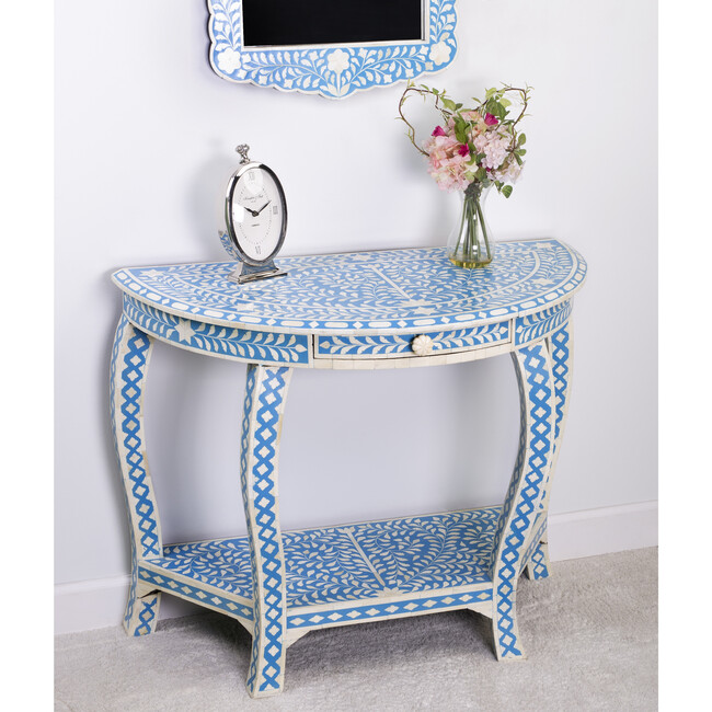 Darrieux Bone Inlay Demilune Console Table, Blue