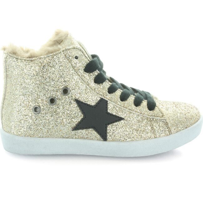 Fay's Faux Fur Star Lace High Top, Gold Glitter - Sneakers - 1