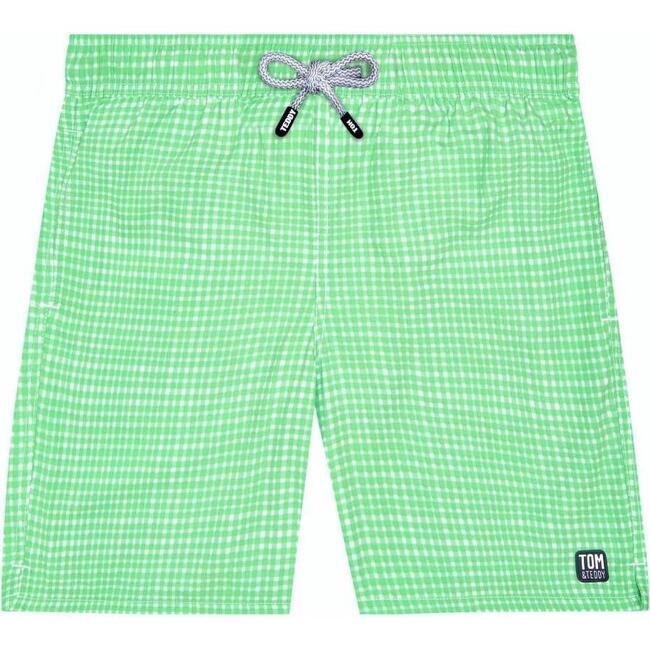 Men's Gingham Swim Trunk,  Green - Swim Trunks - 1