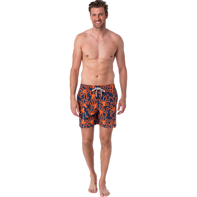 Men's Octopus Swim Shorts, Navy and Orange - Swim Trunks - 2