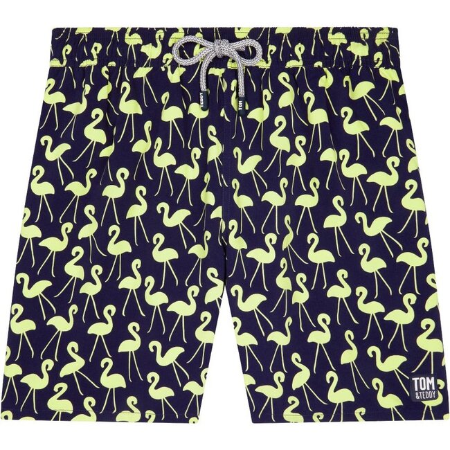 Mens Flamingo Swim Trunk, Dark Blue - Tom & Teddy Sun Shop | Maisonette