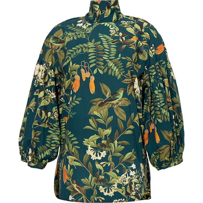 Women's Diane Blouse, Botanical Birds Emerald