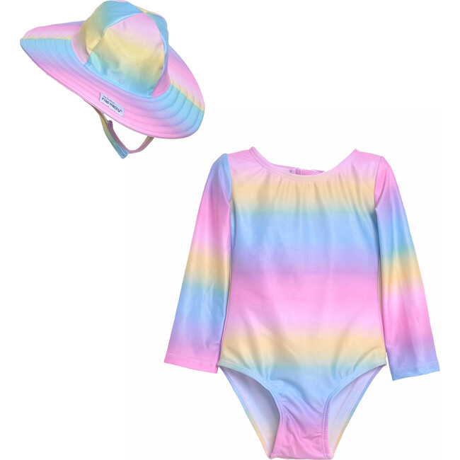 Girls Swim and Hat Set made from Recycled Plastic Bottles, Rainbow Ombre