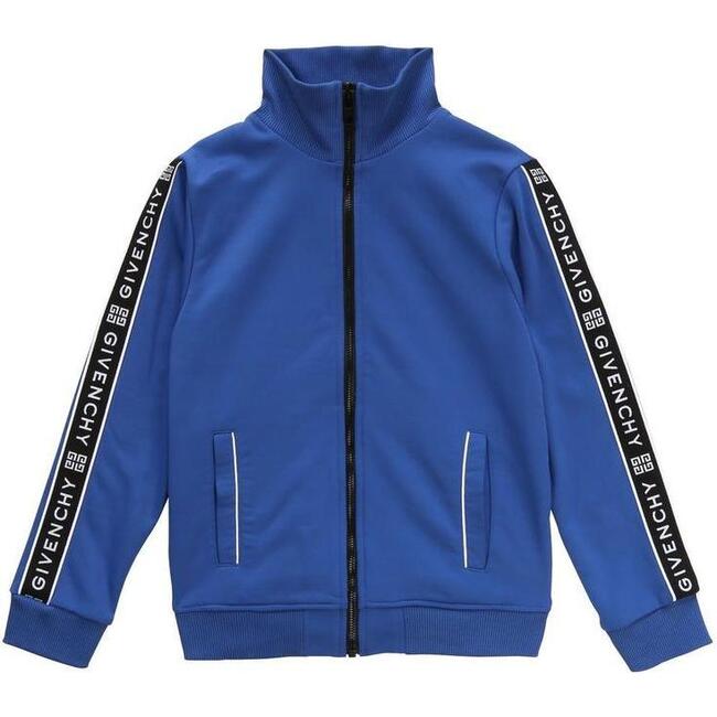 Logo Tape Zip Up Sweatshirt, Blue - Sweatshirts - 1