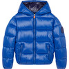 Oversized Boy's Luck Hooded Puffer Jacket, Twilight Blue - Coats - 1 - thumbnail