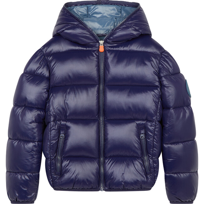 Oversized Boy's Luck Hooded Puffer Jacket, Evening Blue - Coats - 1