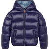 Oversized Boy's Luck Hooded Puffer Jacket, Evening Blue - Coats - 1 - thumbnail