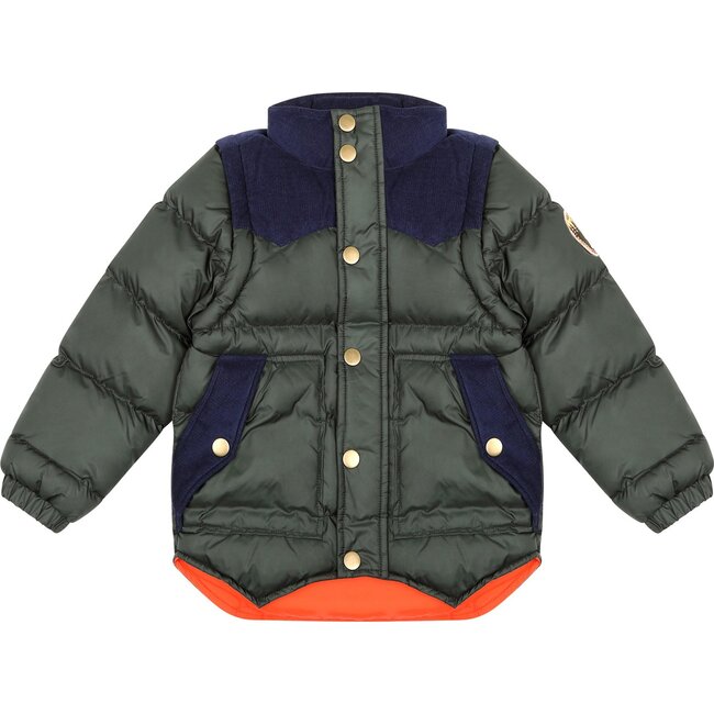 Drew Puff Jacket, Moss Green & Navy Corduroy - Jackets - 1