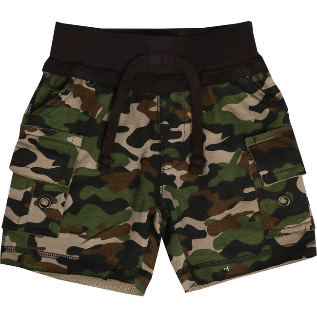 Distressed Camo Cargo Shorts, Olive