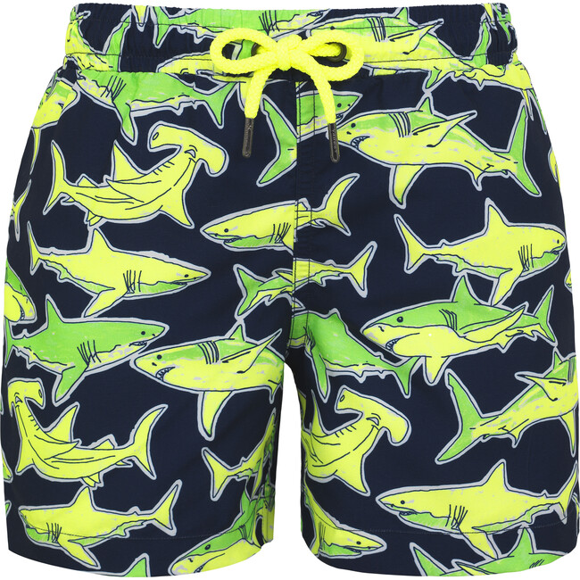 Boys Neon Shark Swim Shorts, Navy - Swim Trunks - 1