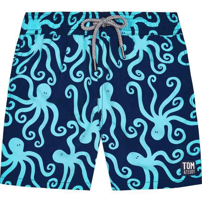 Boy's Octopus Swim Shorts, Dark Blue and Sky