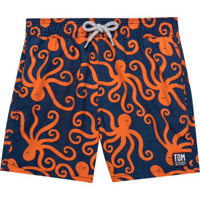 Boy's Octopus Swim Shorts, Navy and Orange - Swim Trunks - 1 - zoom