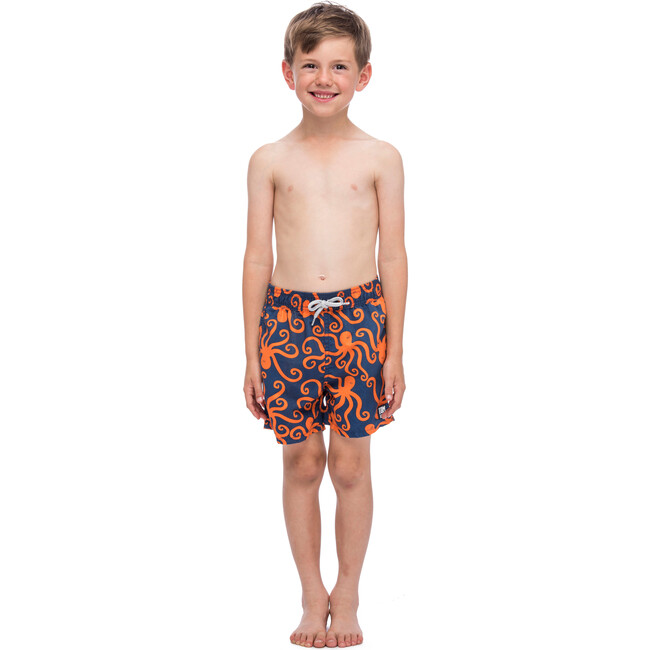 Boy's Octopus Swim Shorts, Navy and Orange - Swim Trunks - 2