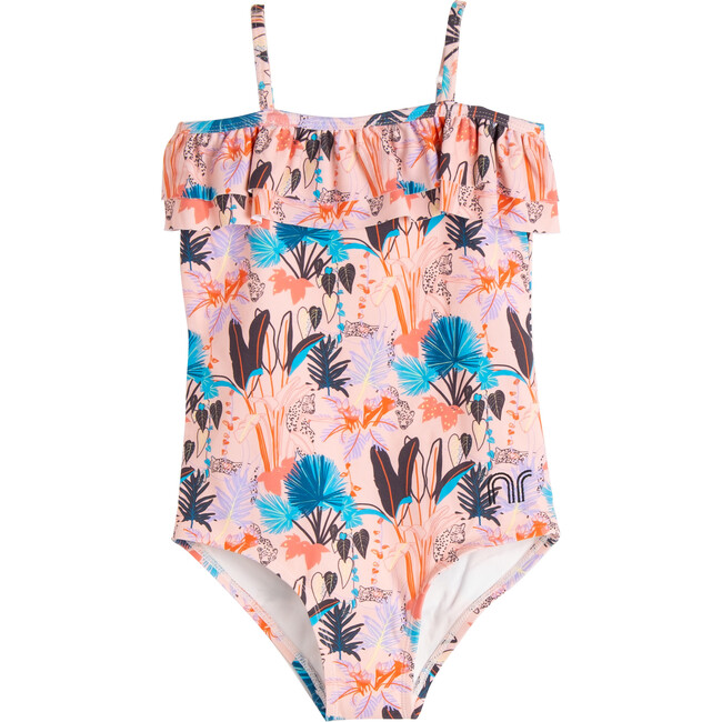Isadora Ruffle One Piece Swim Suit, Pink Tropical Panther - One Pieces - 1 - zoom