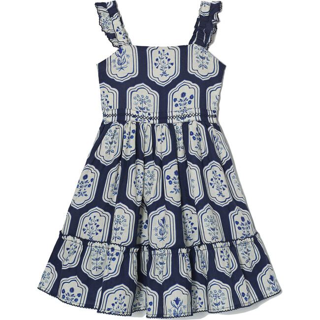 *Exclusive* Girls Herbarium Dress, White & Blue - One Pieces - 1