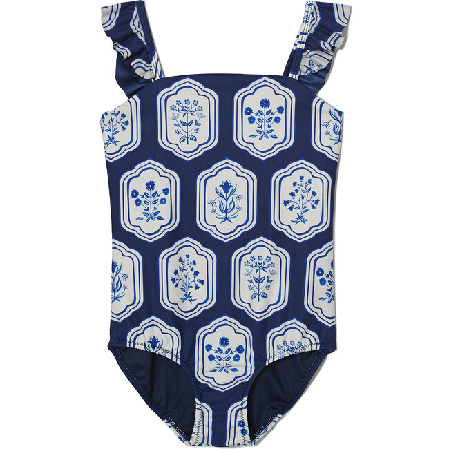*Exclusive* Girls Nativa One-Piece, Blue & White - One Pieces - 1