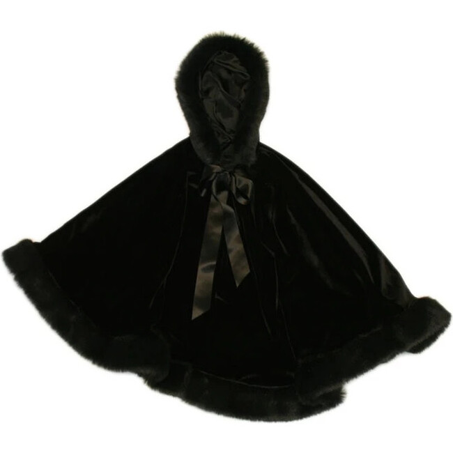 Girls Velvet Hooded Cape with Faux Fur Trim, Black - Fur & Faux Fur Coats - 1