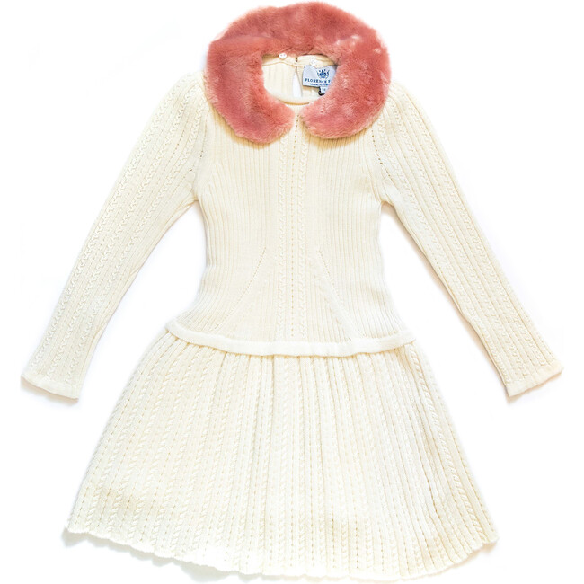 Rachel Knit Dress with Faux Fur Collar, Cream/Pink - Dresses - 1