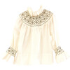 Frida Smock Blouse, White & Olive - Blouses - 1 - thumbnail