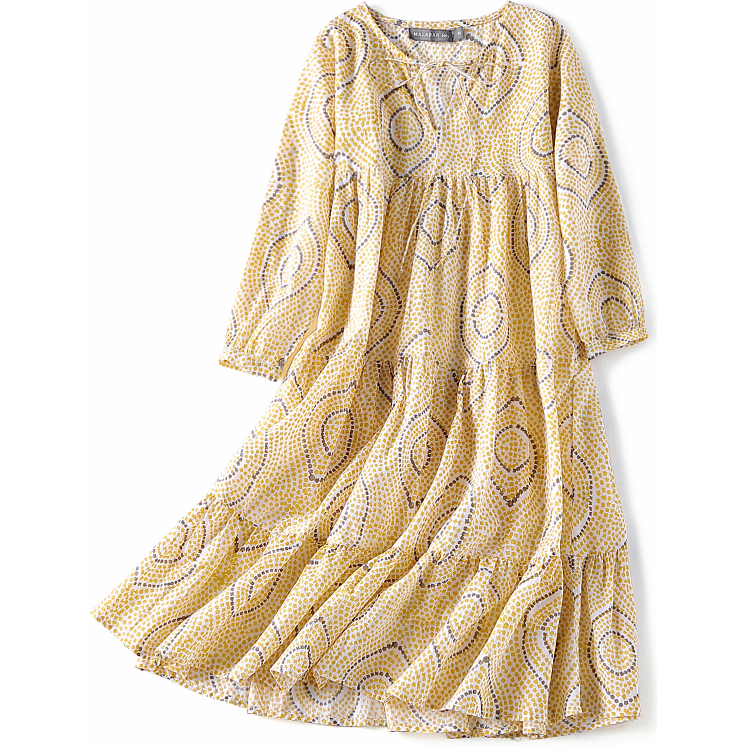 Block-Printed Bohemian Dress, Yellow - Dresses - 1