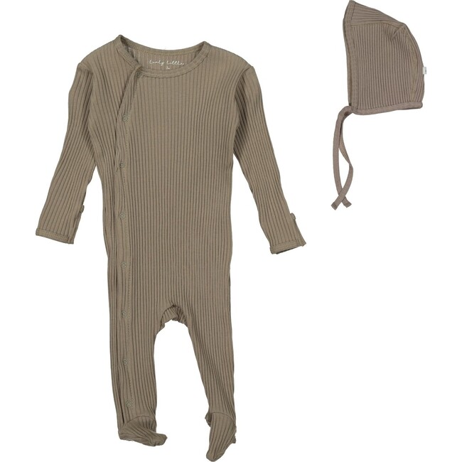 Ribbed Romper & Bonnet Bundle, Taupe - Mixed Apparel Set - 1