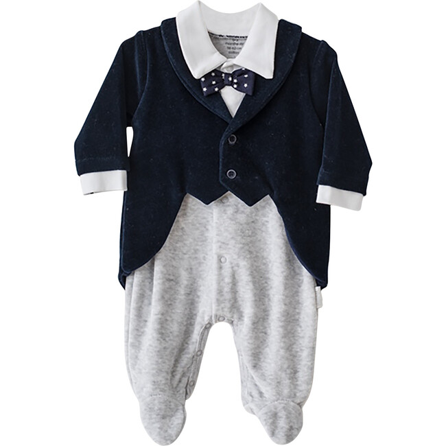 Velvet Tuxedo Bodysuit, Navy - Onesies - 1