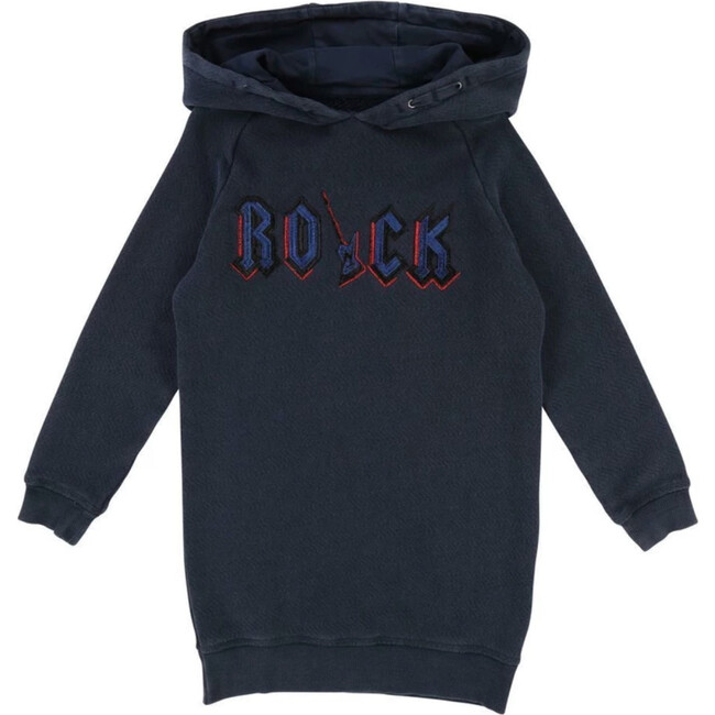 Rock Hooded Sweatshirt Dress, Navy - Dresses - 1