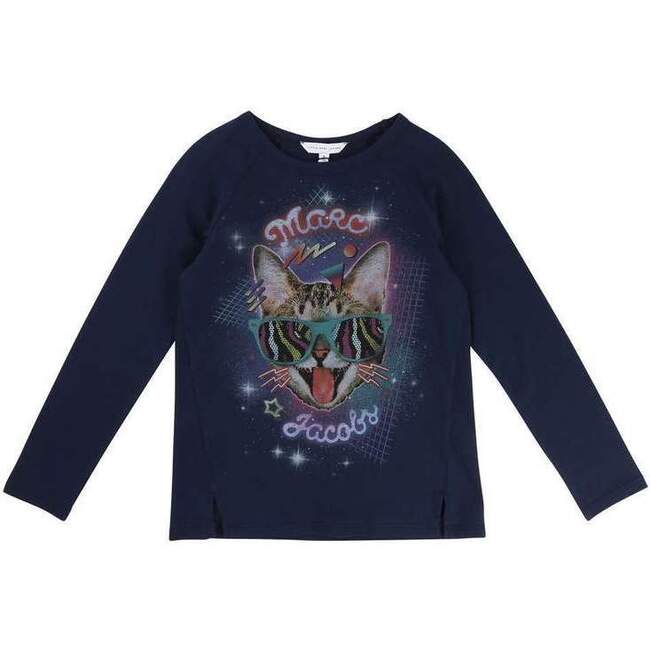 Cat Long Sleeve T-Shirt, Navy - Tees - 1