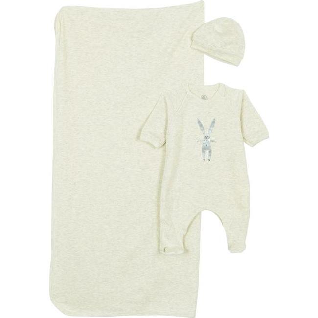 Petit Bateau Baby Three Piece Box Set Pyjamas With Feet, Blanket And Hat Grey With Striped Rabbit - Pajamas - 1