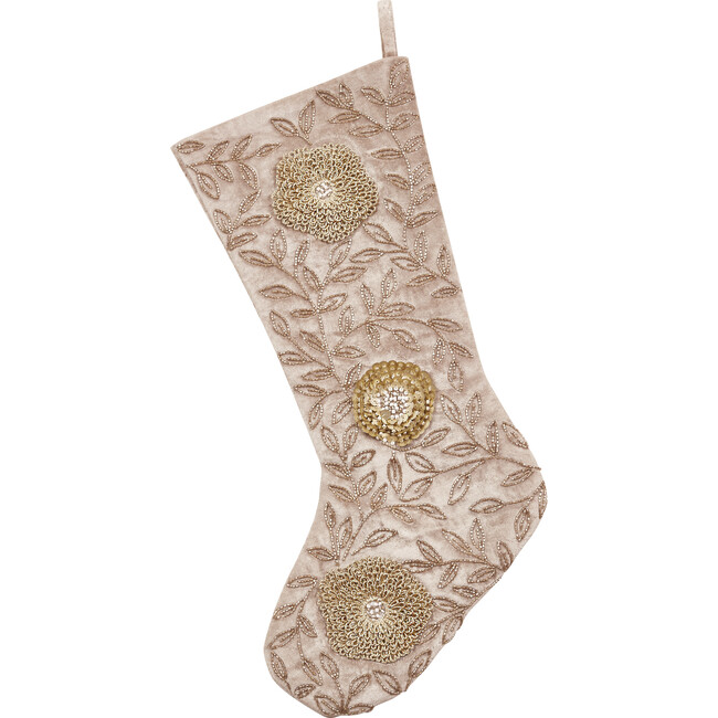 Velvet Christmas Stocking with Hand Beaded Flowers, Silver - Stockings - 1