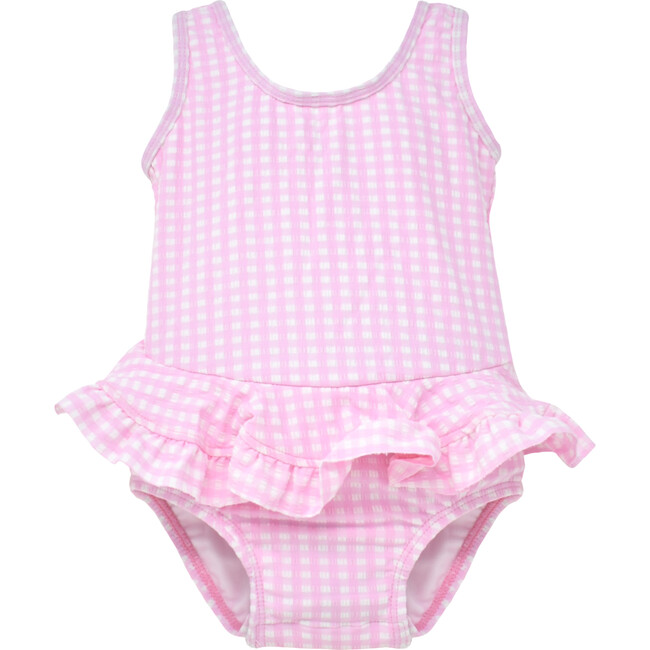 UPF 50 Stella Infant Ruffle Swimsuit, Pink Gingham Seersucker