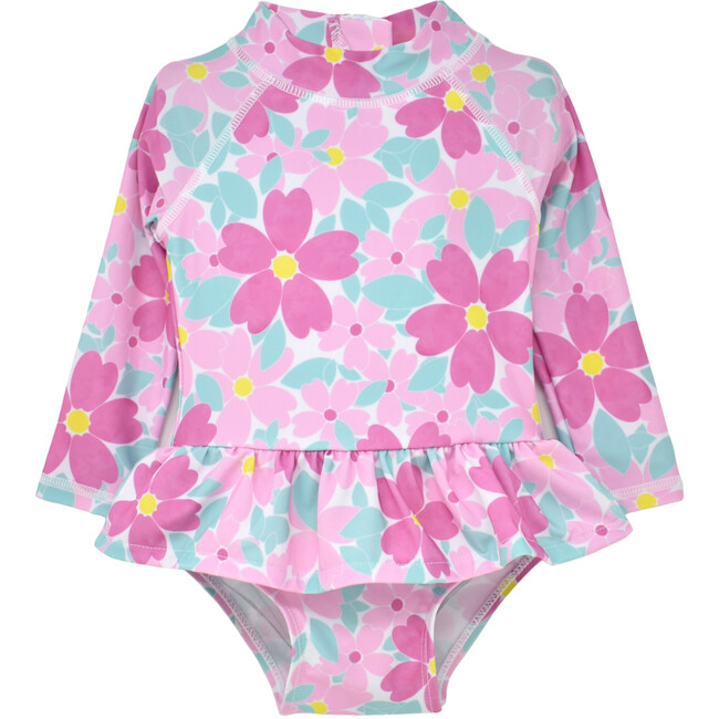 UPF 50 Alissa Infant Ruffle Rash Guard Swimsuit, Painted Flowers