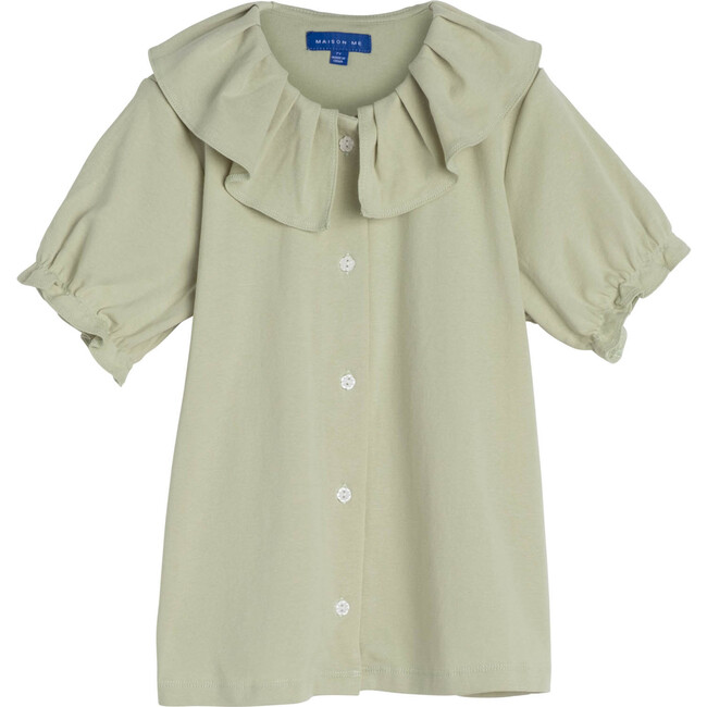 Lani Ruffle Collar Jersey Top, Sage - Shirts - 1
