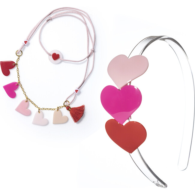 Multi Cece Hearts Red Pink Shades Headband & Necklace Bundle - Mixed Accessories Set - 1