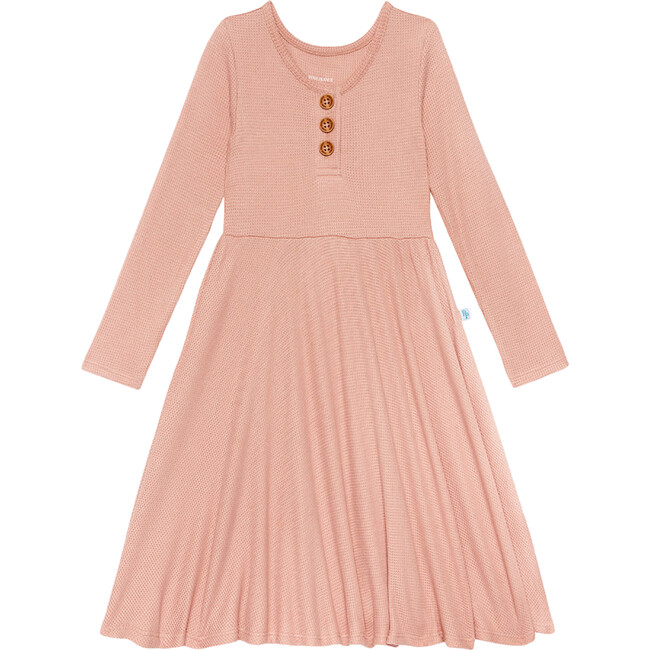 Long Sleeve Henley Twirl Dress, Desert Rose Waffle - Dresses - 1
